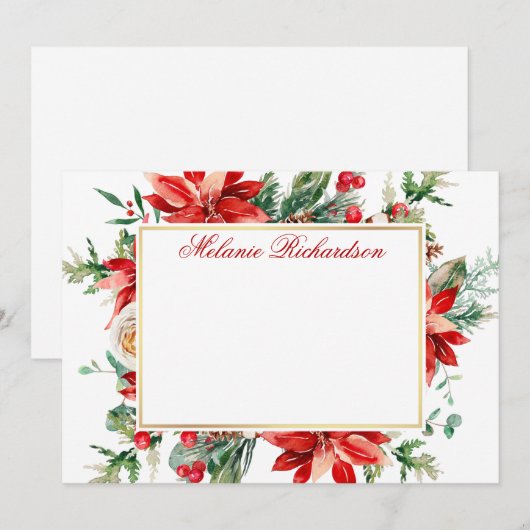 Waterverf Poinsettia Rood Bloemengebladerte Goud Notitiekaartje (Voorkant / Achterkant)