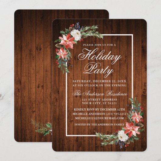 Waterverf Poinsettia Rustic Wood Holiday Partij Kaart (Voorkant / Achterkant)