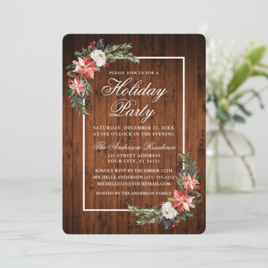 Waterverf Poinsettia Rustic Wood Holiday Partij Kaart (Staand voorkant)