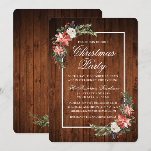 Waterverf Poinsettia Rustic Wood Kerstfeest Kaart (Voorkant / Achterkant)