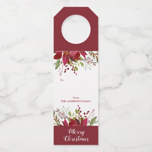 Waterverf Poinsettia Vrolijk kerstcadeau Flessenhanger (Voorkant)
