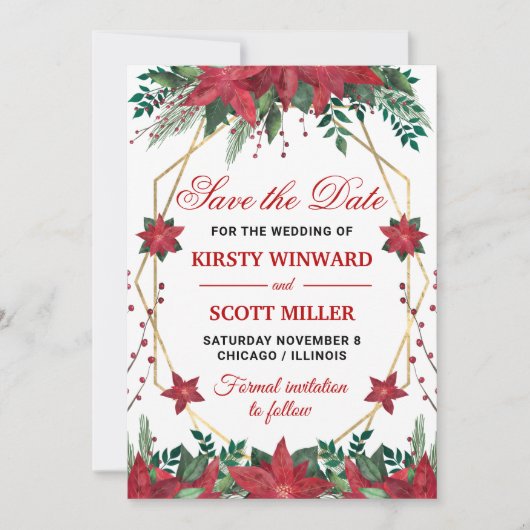 Waterverf Poinsettia Wedding Save the Date Kaart (Voorkant)