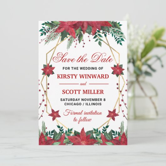 Waterverf Poinsettia Wedding Save the Date Kaart (Staand voorkant)