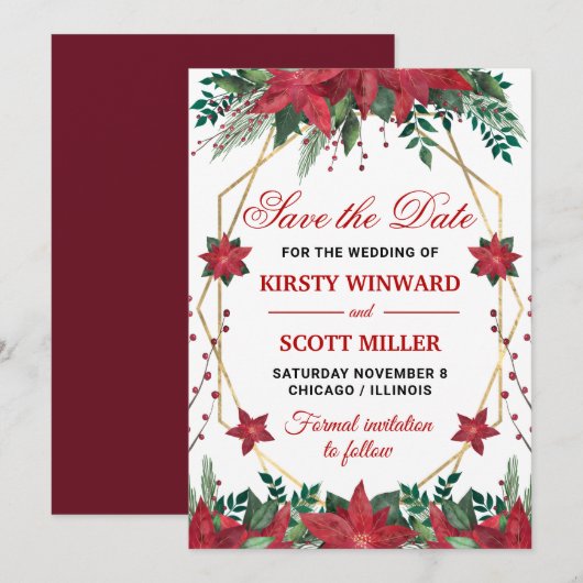 Waterverf Poinsettia Wedding Save the Date Kaart (Voorkant / Achterkant)