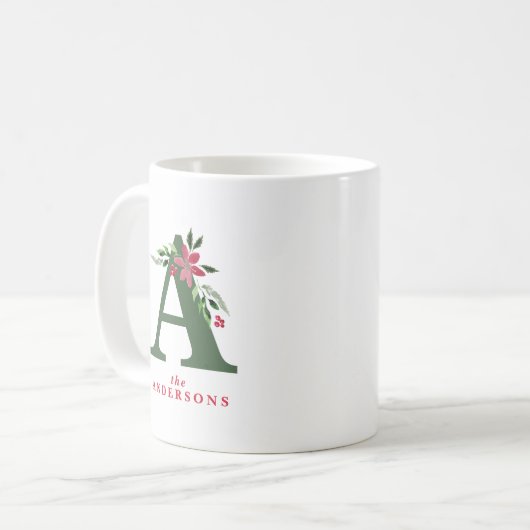 Waterverf Poinsettia & Winter Greenery Monogram Koffiemok (Voorkant links)
