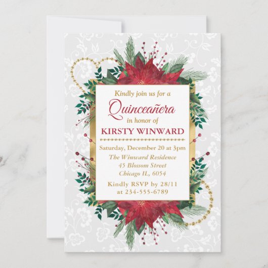 Waterverf Poinsettia Winter Kerstmis Quinceañera Kaart (Voorkant)