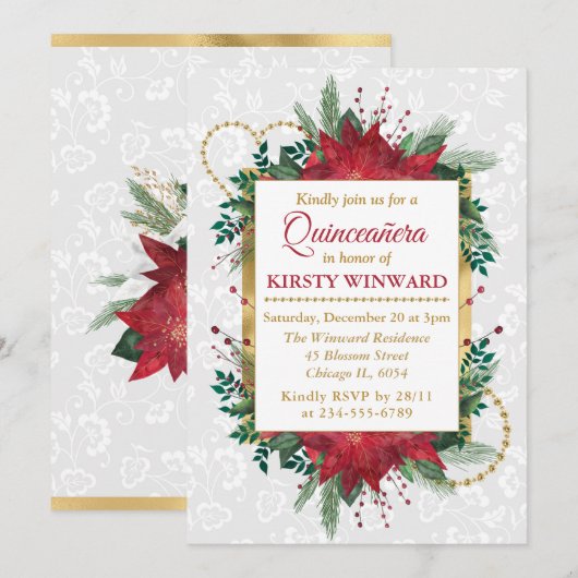 Waterverf Poinsettia Winter Kerstmis Quinceañera Kaart (Voorkant / Achterkant)