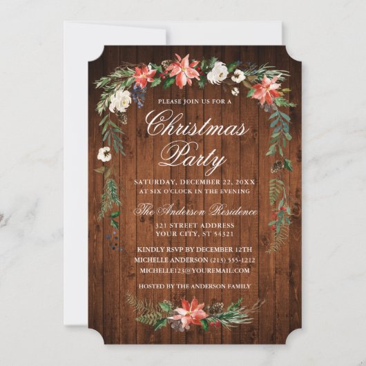 Waterverf Poinsettia Wood Kerstfeest Kaart (Voorkant)