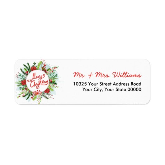 Waterverf Poinsettia Wreath Merry Kerstmis Etiket (Voorkant)