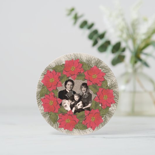 Waterverf Poinsettia Wreator met Uw Foto Feestdagenkaart (Staand voorkant)