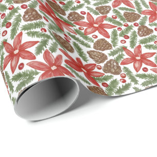 Waterverf Poinsettia's Dennentakken & Bessen Kerst Cadeaupapier