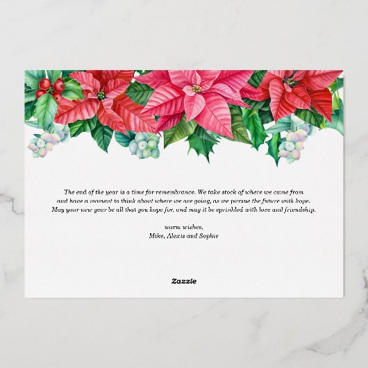 Waterverf Poinsettias en Berries Kerst Folie Feestdagenkaart (Achterkant)