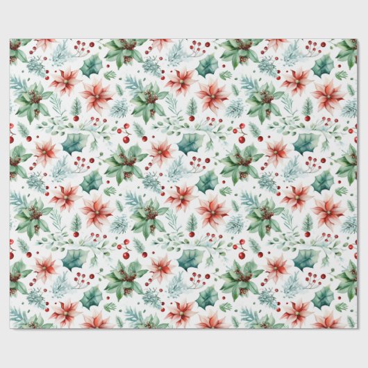Waterverf Poinsettias en bessen Kerstmis Cadeaupapier (Vlak)