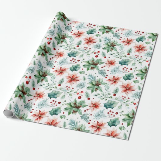 Waterverf Poinsettias en bessen Kerstmis Cadeaupapier (Uitgerold)