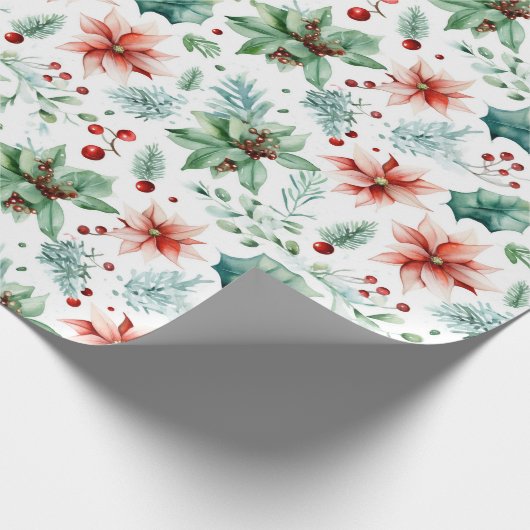 Waterverf Poinsettias en bessen Kerstmis Cadeaupapier (Hoek)