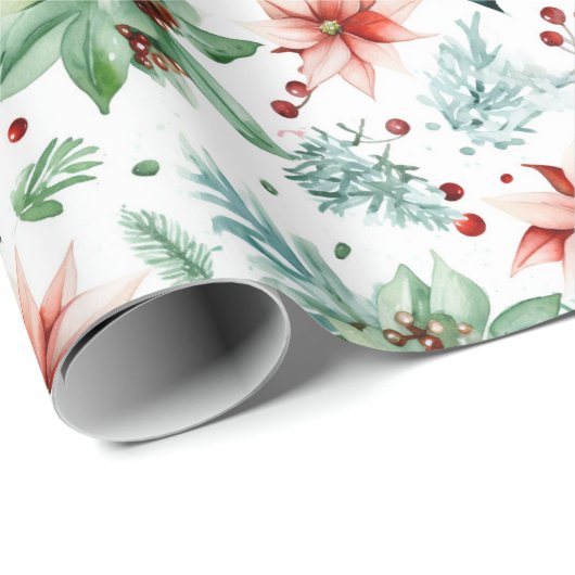 Waterverf Poinsettias en bessen Kerstmis Cadeaupapier (Rol Hoek)