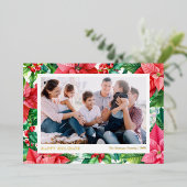 Waterverf Poinsettia's en Bessen Prettig Kerstfees Folie Feestdagenkaart (Staand Voorkant)