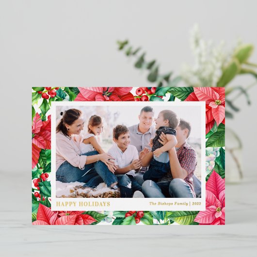 Waterverf Poinsettia's en Bessen Prettig Kerstfees Folie Feestdagenkaart (Staand Voorkant)