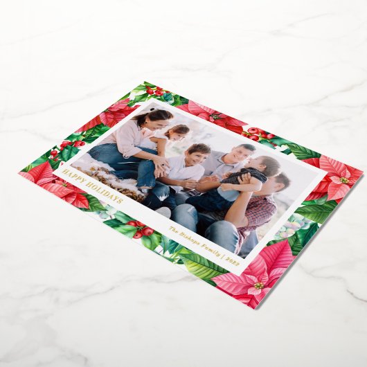 Waterverf Poinsettia's en Bessen Prettig Kerstfees Folie Feestdagenkaart (Gedraaid)