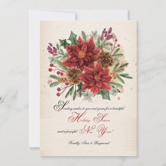 Waterverf Poinsettias en Pine Cones Kaart (Voorkant)