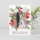 Waterverf Poinsettias Pas getrouwd kerstgoud Feestdagenkaart (Staand voorkant)