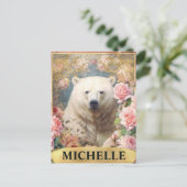 Waterverf Polar Beer en Roze Rozen Briefkaart (Staand voorkant)