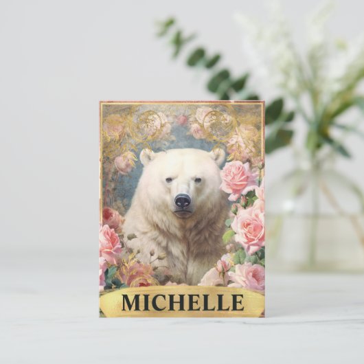 Waterverf Polar Beer en Roze Rozen Briefkaart (Staand voorkant)