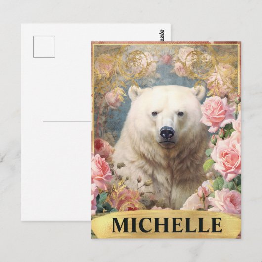 Waterverf Polar Beer en Roze Rozen Briefkaart (Voorkant / Achterkant)