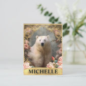 Waterverf  Polar Beer en Roze Rozen Briefkaart (Staand voorkant)