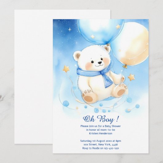 Waterverf Polar Beer Jongen Baby shower Uitnodigin Kaart (Voorkant / Achterkant)