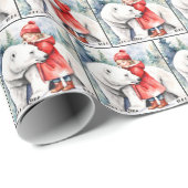 Waterverf Polar Beer Met Meisje Cadeaupapier (Rol Hoek)