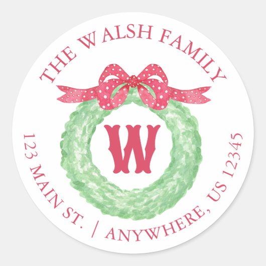 Waterverf Polka Dot Bow Monogram Krans Adres Ronde Sticker (Voorkant)