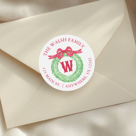 Waterverf Polka Dot Bow Monogram Krans Adres Ronde Sticker