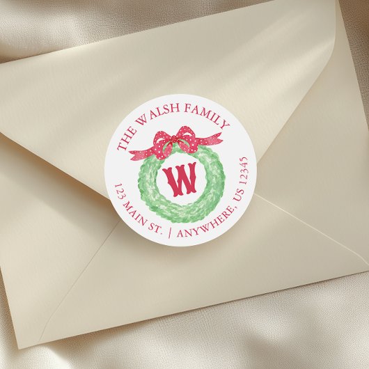 Waterverf Polka Dot Bow Monogram Krans Adres Ronde Sticker