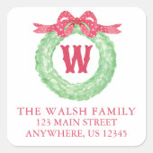 Waterverf Polka Dot Bow Monogram Krans Adres Vierkante Sticker (Voorkant)