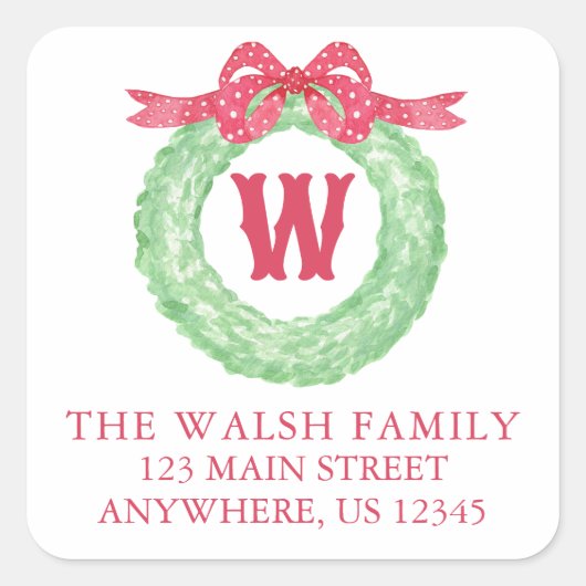 Waterverf Polka Dot Bow Monogram Krans Adres Vierkante Sticker (Voorkant)