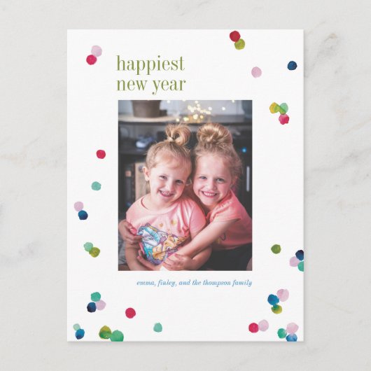Waterverf Polka Dot Poms New Years Photo Briefkaar Feestdagenkaart (Voorkant)