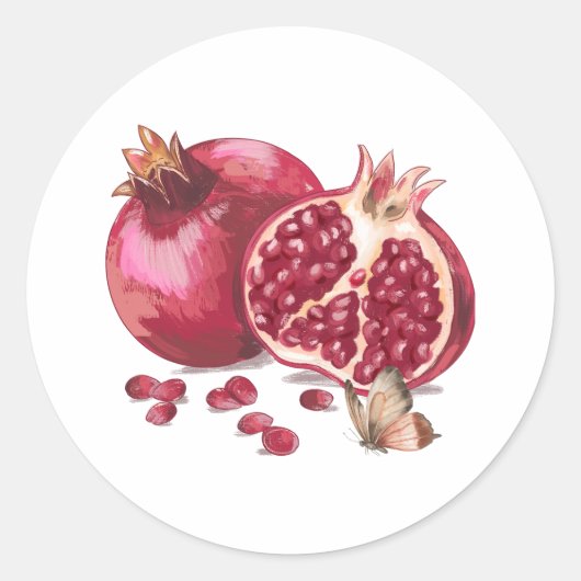 Waterverf Pomegranaat Fruit en vlinder Ronde Sticker (Voorkant)