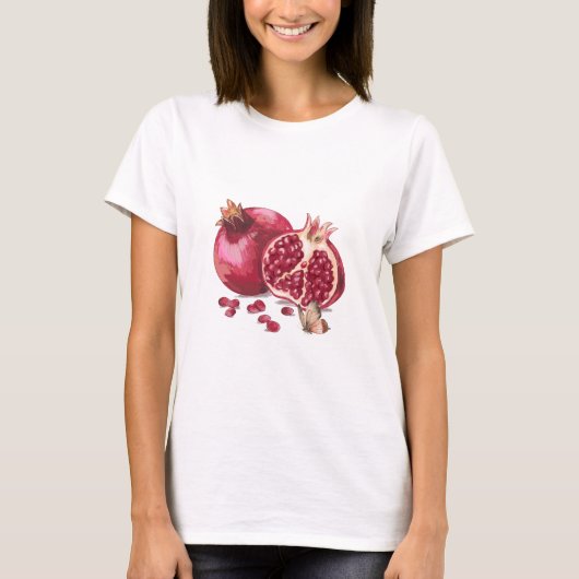 Waterverf Pomegranaat Fruit en vlinder T-shirt (Voorkant)