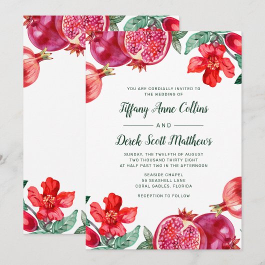 Waterverf Pomegranate Floral Wedding Kaart (Voorkant / Achterkant)