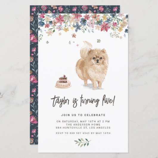 Waterverf Pomeranian Dog Birthday Invitation (Voorkant / Achterkant)