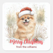 Waterverf Pomeranian in Santa Hat Vrolijk Kerstfee Vierkante Sticker (Voorkant)