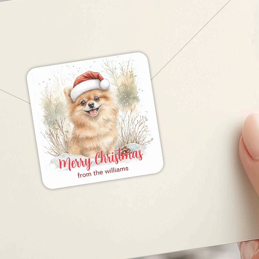 Waterverf Pomeranian in Santa Hat Vrolijk Kerstfee Vierkante Sticker