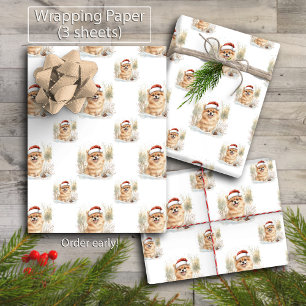 Waterverf Pommeren in Santa Hat Christmas Inpakpapier Vel