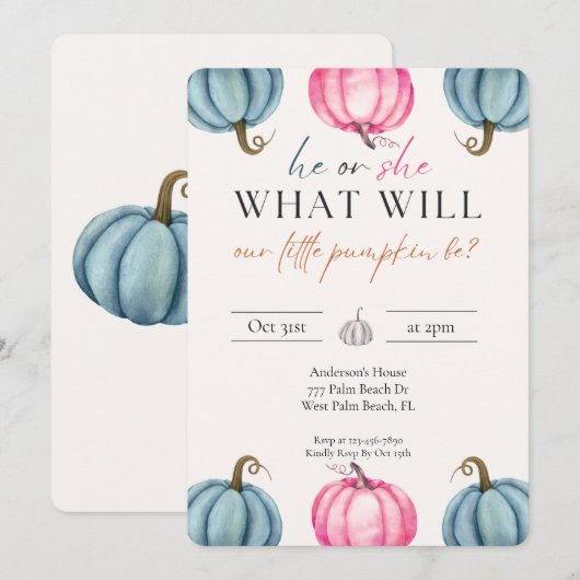 Waterverf pompoen Baby Geslacht onthullen Herfst Kaart (Voorkant / Achterkant)