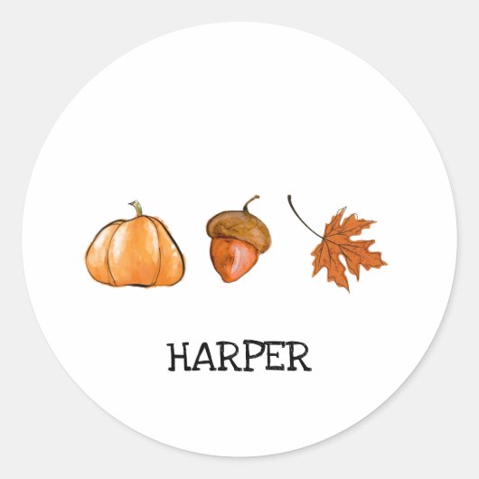 Waterverf Pompoen, Blad en Eikel Herfst Ronde Sticker (Voorkant)
