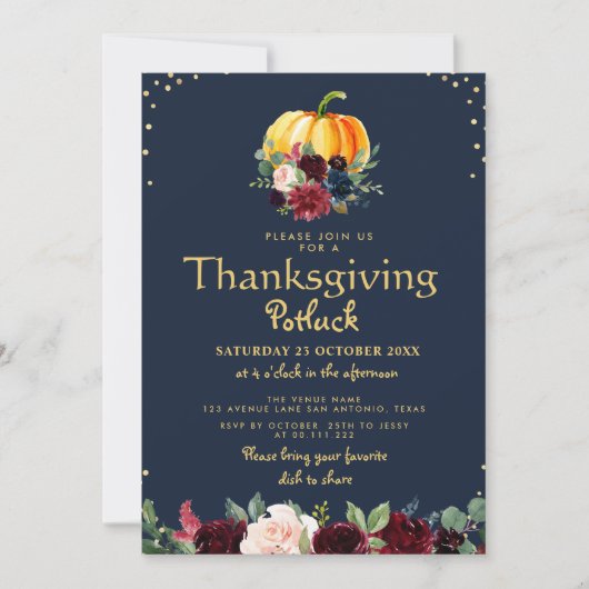 Waterverf pompoen bloemige Thanksgiving potluck Kaart (Voorkant)