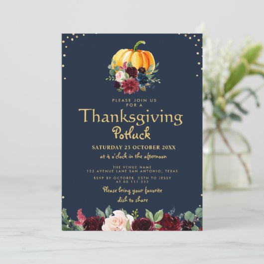 Waterverf pompoen bloemige Thanksgiving potluck Kaart (Staand voorkant)