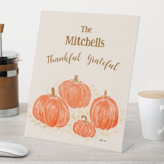 Waterverf Pompoen Dankbaar PERSONALISEER NAAM Reclamebord Met Voetstuk (Insitu)