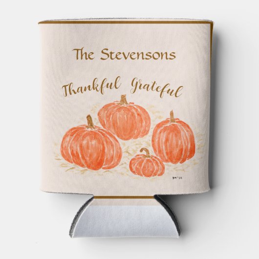 Waterverf Pompoen Dankbaar PERSONALISEREN Blikjeskoeler (Voorkant)